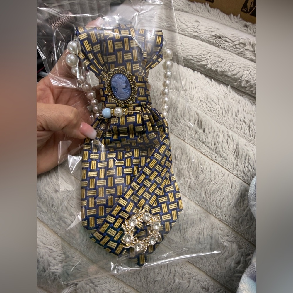 Upcycle Geometric Blue and Gold cameo Tie with Pearl Details
